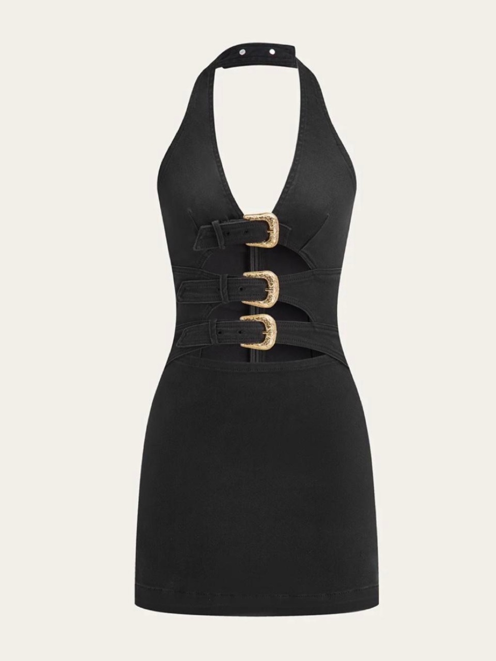Commense Black Halter Mini Dress with Decorative Buckles